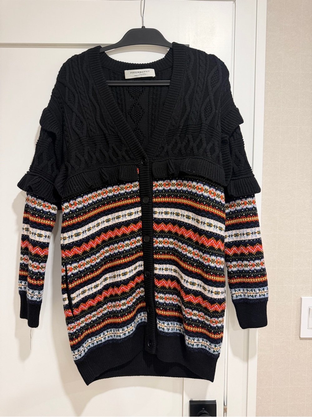 Philosophy di Lorenzo Serafini Black Multicolor Fair Isle Knit Cardigan